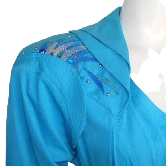 Avant Garde Dress, XS/S, VINTAGE, Aqua Blue, Statement Shoulders, Zip front, LS - Picture 4 of 15